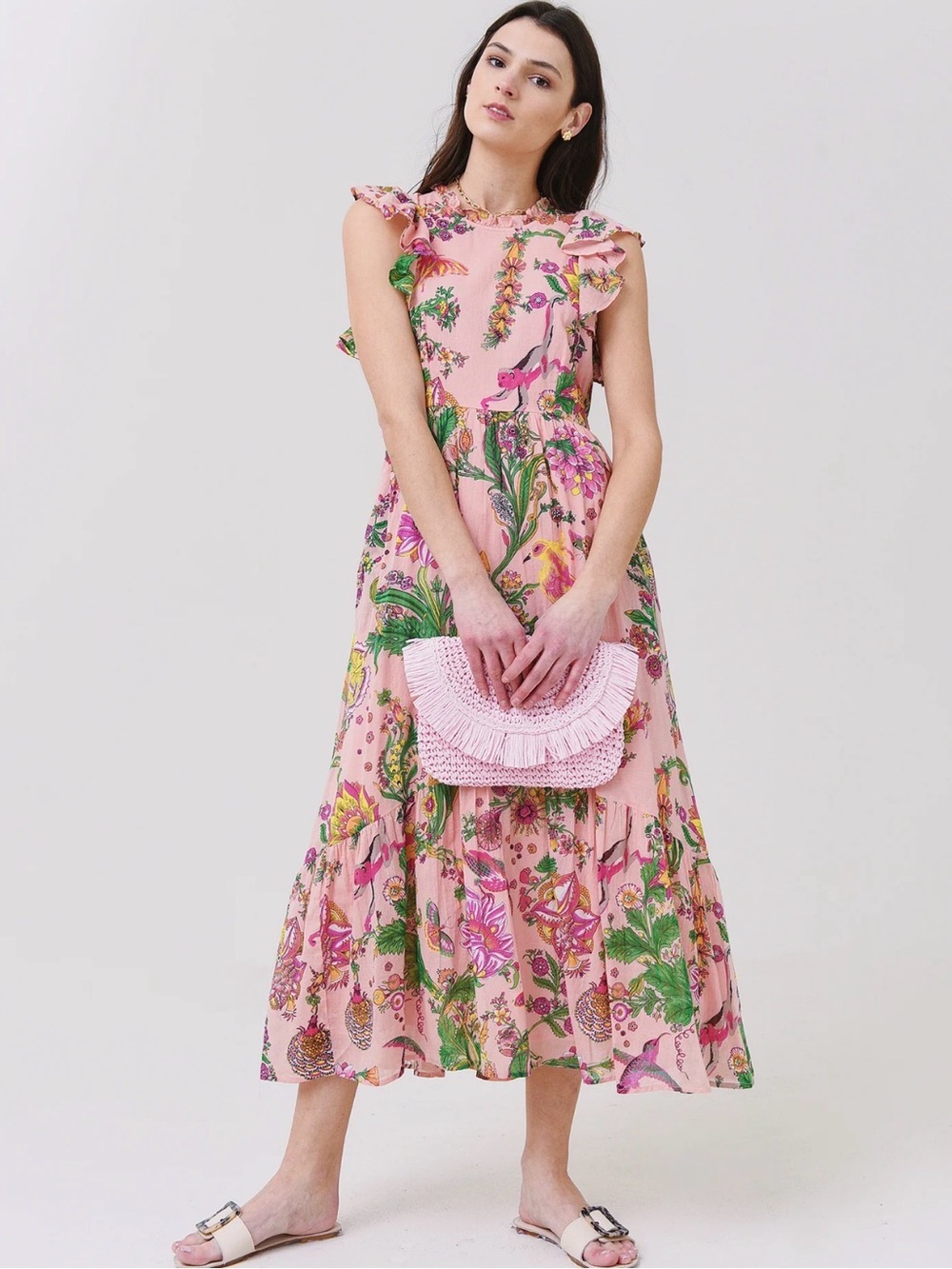 BANJANAN Women's Hannah Dress Midi Light Pink Bird and Floral Pattern Size M